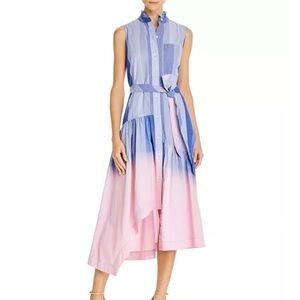 Derek 10 Lam Crosby Dress Size 6 Pink Blue Dip-Dye Ombré Midi Shirtdress Preppy